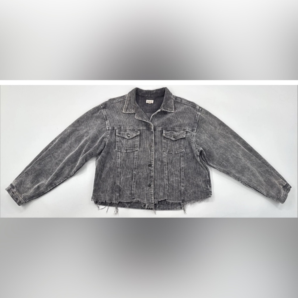 POL Distressed Corduroy Jacket Womens Large Gray Raw Frayed Oversized Crop Indie